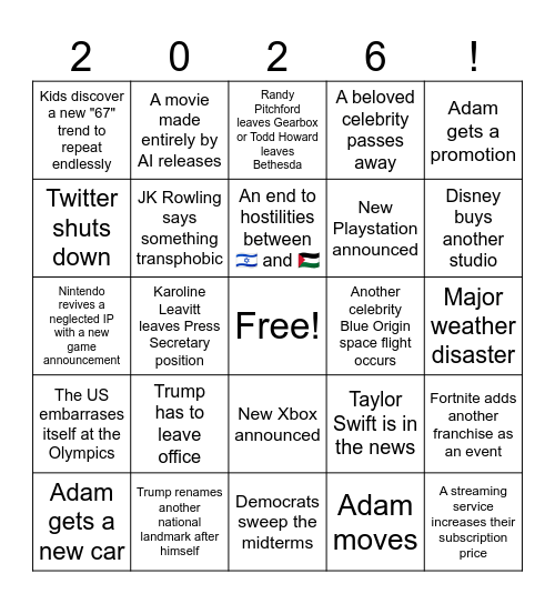 2026 Predictions Bingo Card