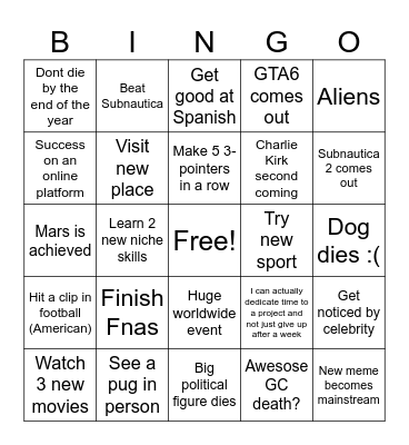Spod's 2026 Bingo Card