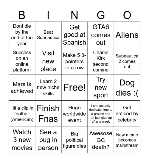 Spod's 2026 Bingo Card