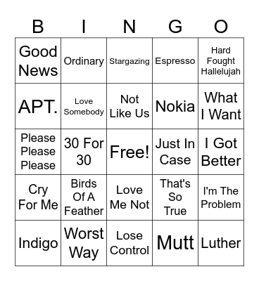 Billboard 2025 Hot Songs Bingo Card