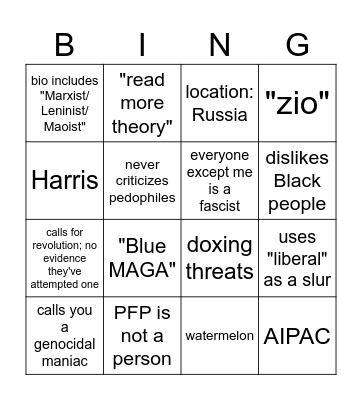 Internet Leftist Bot Bingo Card