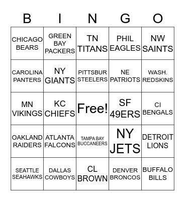 NFL Football Team Bingo Card