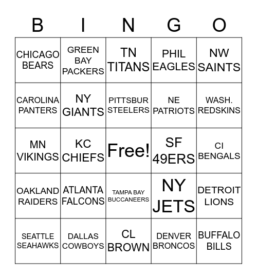 NFL Football Team Bingo Card