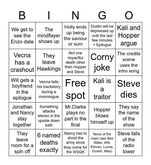 Stranger Things Finale Bingo Card