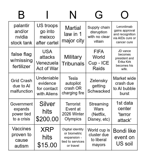 Jan 1 -Dec 31 2026 Bingo Card Bingo Card
