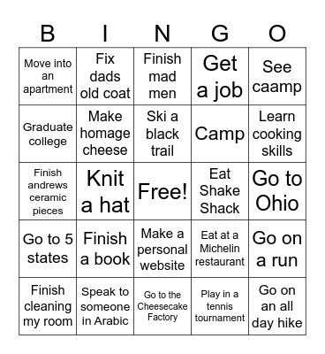 New Years Bingo Card