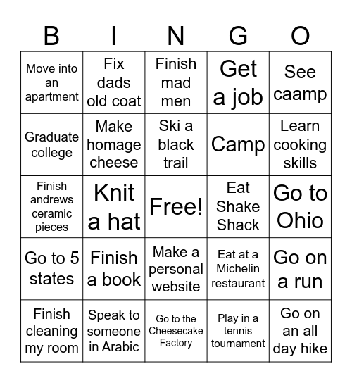 New Years Bingo Card