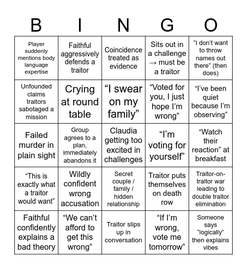 Traitors UK S4 Bingo Card