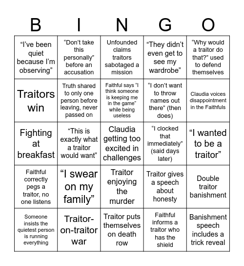 Traitors UK S4 Bingo Card
