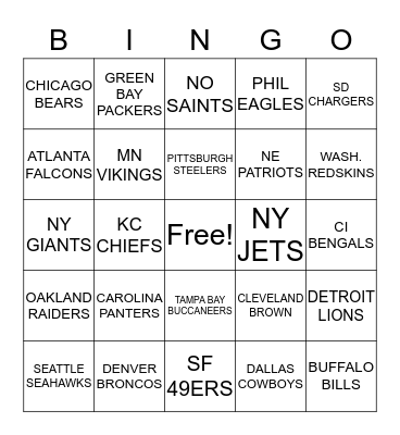 NFL Football Team Bingo Card