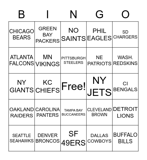 NFL Football Team Bingo Card