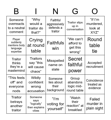 Traitors UK S4 Bingo Card