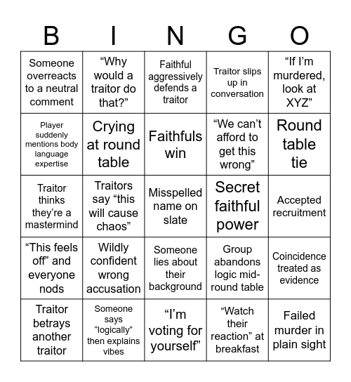 Traitors UK S4 Bingo Card