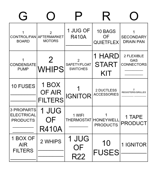 PROPARTS BINGO Card