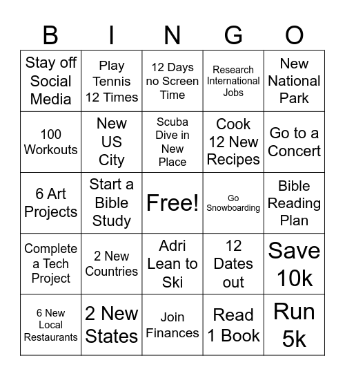 2026 Goals Bingo Card