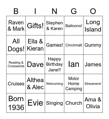 Jane's 90th Birthday Bingo Card