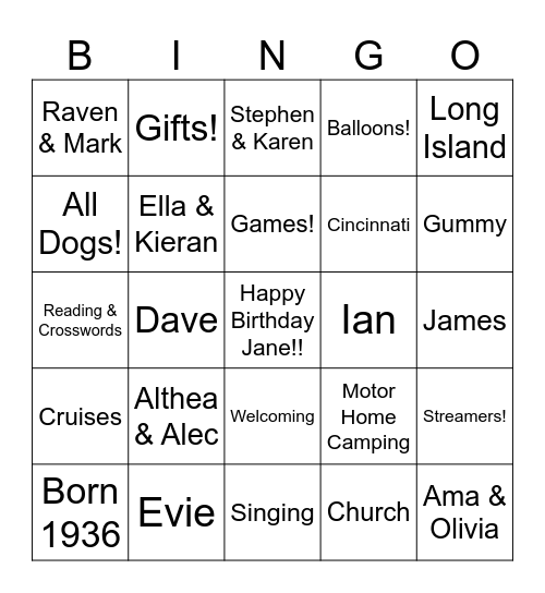 Jane's 90th Birthday Bingo Card