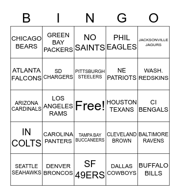NFL Football Team Bingo Card