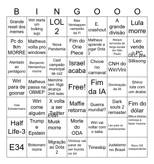Bingo dos chuds para 2026 Bingo Card