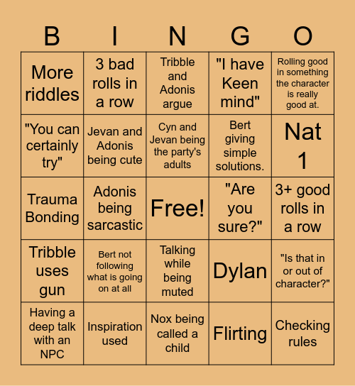 Skies of Tellurian Bingo Card
