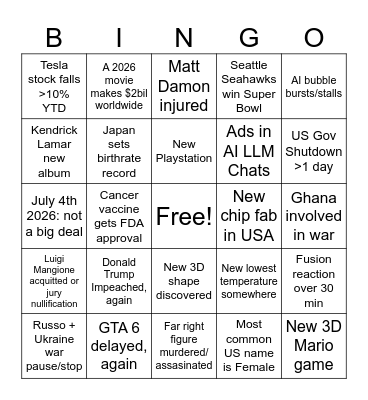 2026 Bingo Card Bingo Card