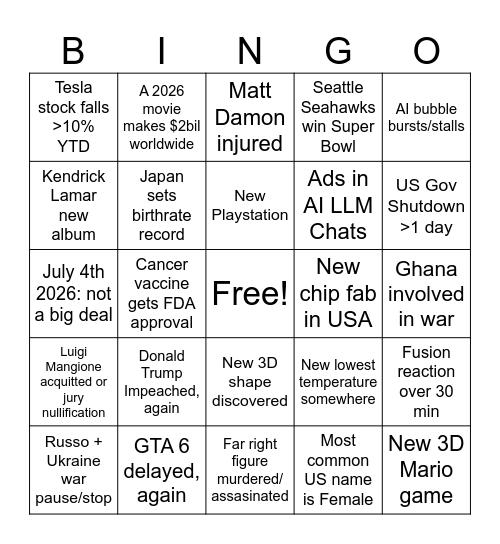 2026 Bingo Card Bingo Card