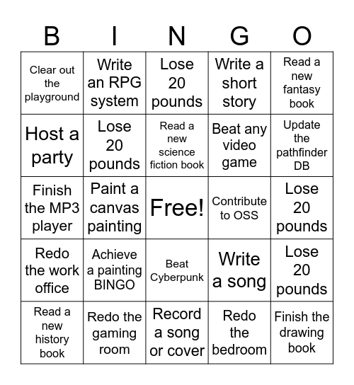 2026 goals Bingo Card