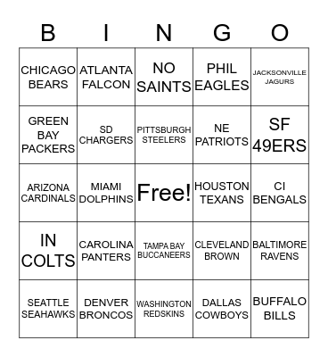 NFL Football Team Bingo Card
