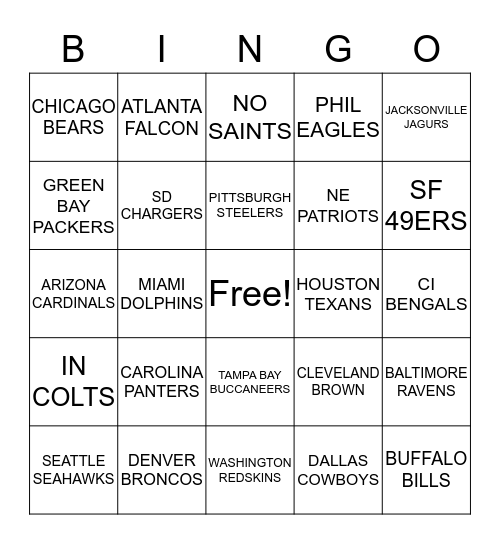 NFL Football Team Bingo Card