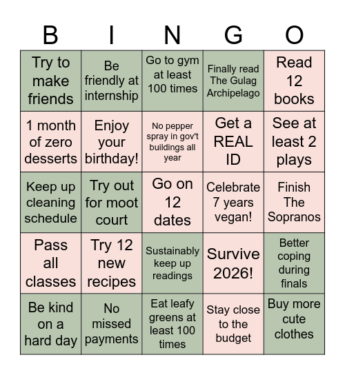 2026 Resolutions Bingo Card
