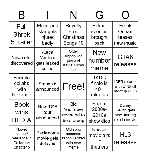 2026 Bingo Card Bingo Card