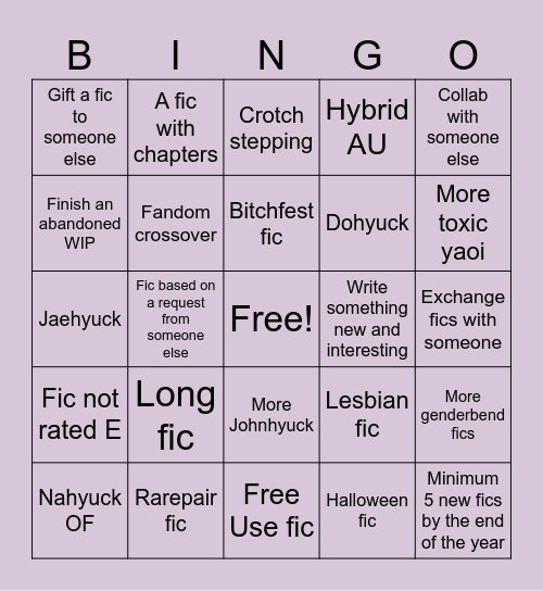 Irene’s 2026 Fic Bingo Card