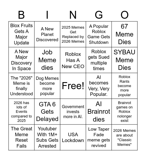 Crazy's 2026 Prediction Card Bingo Card