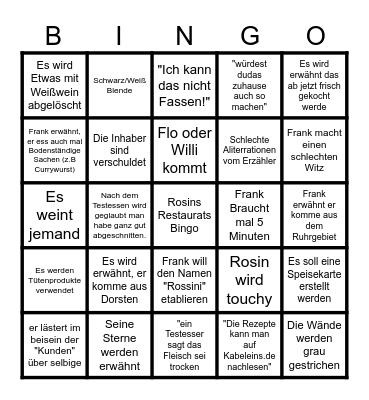 Rosins Restaurant Bingo Card