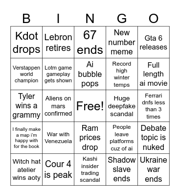 2026 Bingo Card Bingo Card