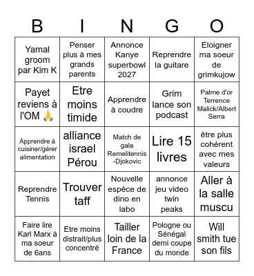 Prédictions/Résolutions Bingo Card