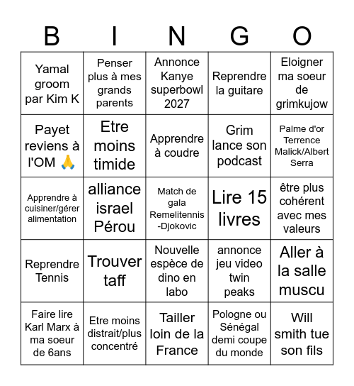 Prédictions/Résolutions Bingo Card