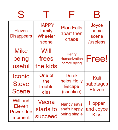 Stranger Things Finale Bingo Card