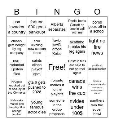 stuff that could happen in 2026 Bingo Card