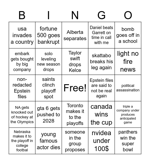 stuff that could happen in 2026 Bingo Card