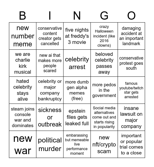 2026 Predictions (1/1/2026) Bingo Card