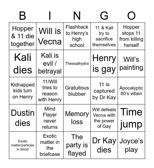 Stranger Things Finale Bingo Card