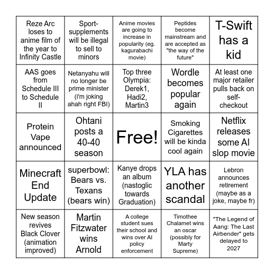 2026 Predictions Bingo Card