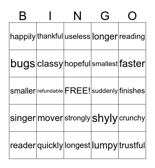 Suffix Bingo Card