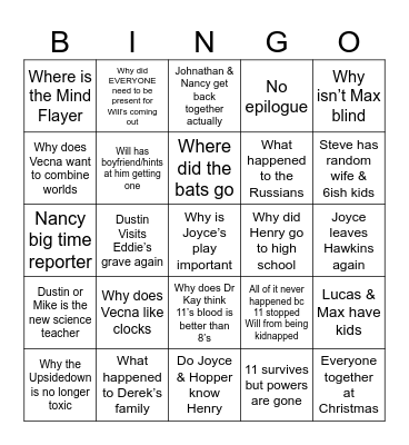 Questions / Epilogue Bingo Card