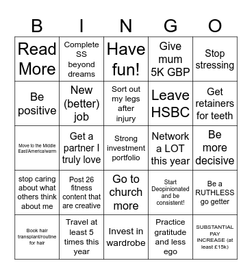 New Year's Resolution BINGO Card