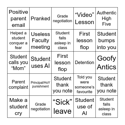 Teacher Bingo Card