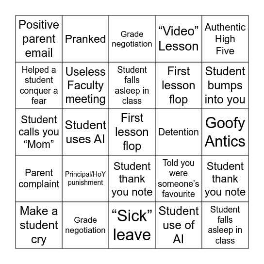 Teacher Bingo Card