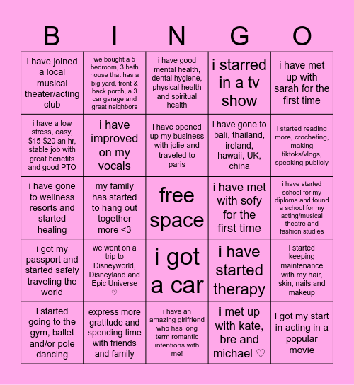 my personal 2026 bingo Card