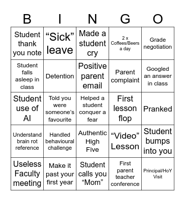 Teacher Bingo Card